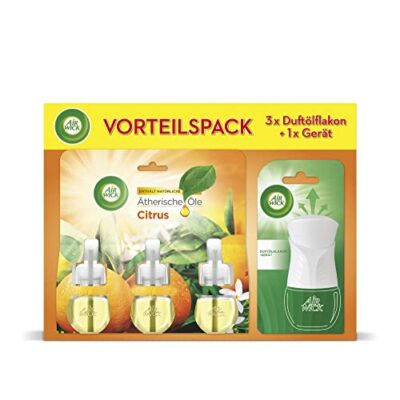 Air Wick Duftölflakon – Duftstecker Starter Set mit 3 Duftflakons – Raumduft & Lufterfrischer – Duft: Citrus – Fruchtig-frischer Raumduft für die Steckdose – 1 x Gerät und 3 x Nachfüller, Bewertung: 4,4 von 5 Sternen 1