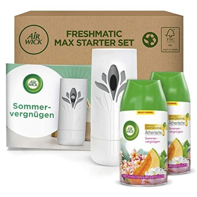 Air Wick Freshmatic Max – Starter Set mit Gerät und 2 Nachfüllern – Lufterfrischer automatisch – Duft: Sommervergnügen – 2 x 250 ml Nachfüller + Gerät in Weiß, Bewertung: 4,3 von 5 Sternen 5