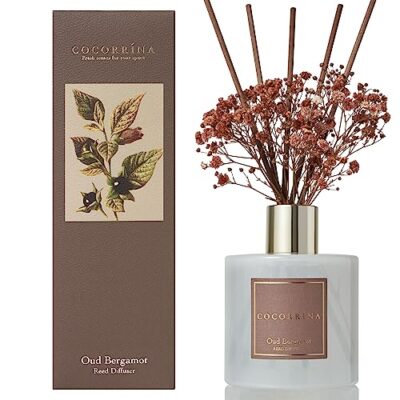 Cocorrína Raumduft Reed Diffuser mit 8 Duftstäbchen 200ml- Oud Bergamotte, Natürlich, Langanhaltend, Home Duft ätherisches Öl Reed Diffusor für Badezimmer Regal Dekoration